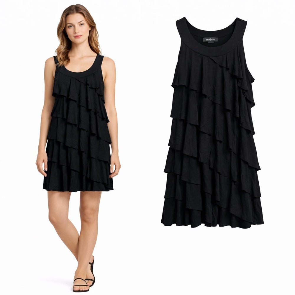 White House Black Market Black Tiered Ruffle Sleeveless Shift Dress Womens Small